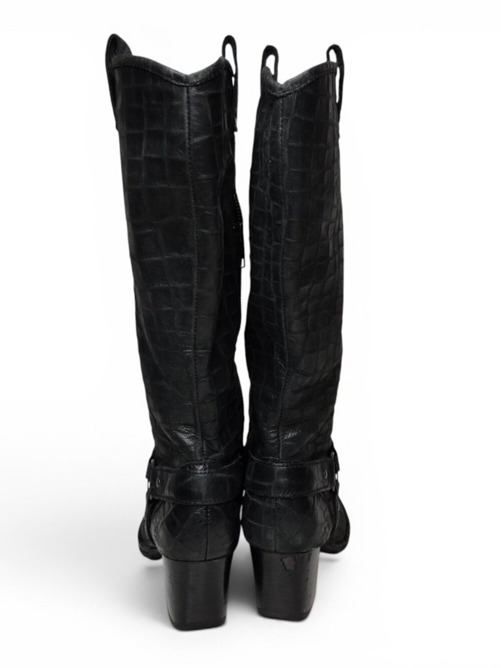 Born Distressed Croc Embossed Leather Harness Boots Womens Moto Block Heel 7 - Picture 5 of 14